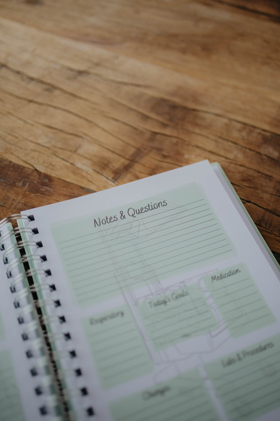 The NICU Notebook®, a light green, coil-bound NICU Journal, opened to the second daily page from the Daily Journal section. The page features unfilled boxes that hold information such as 