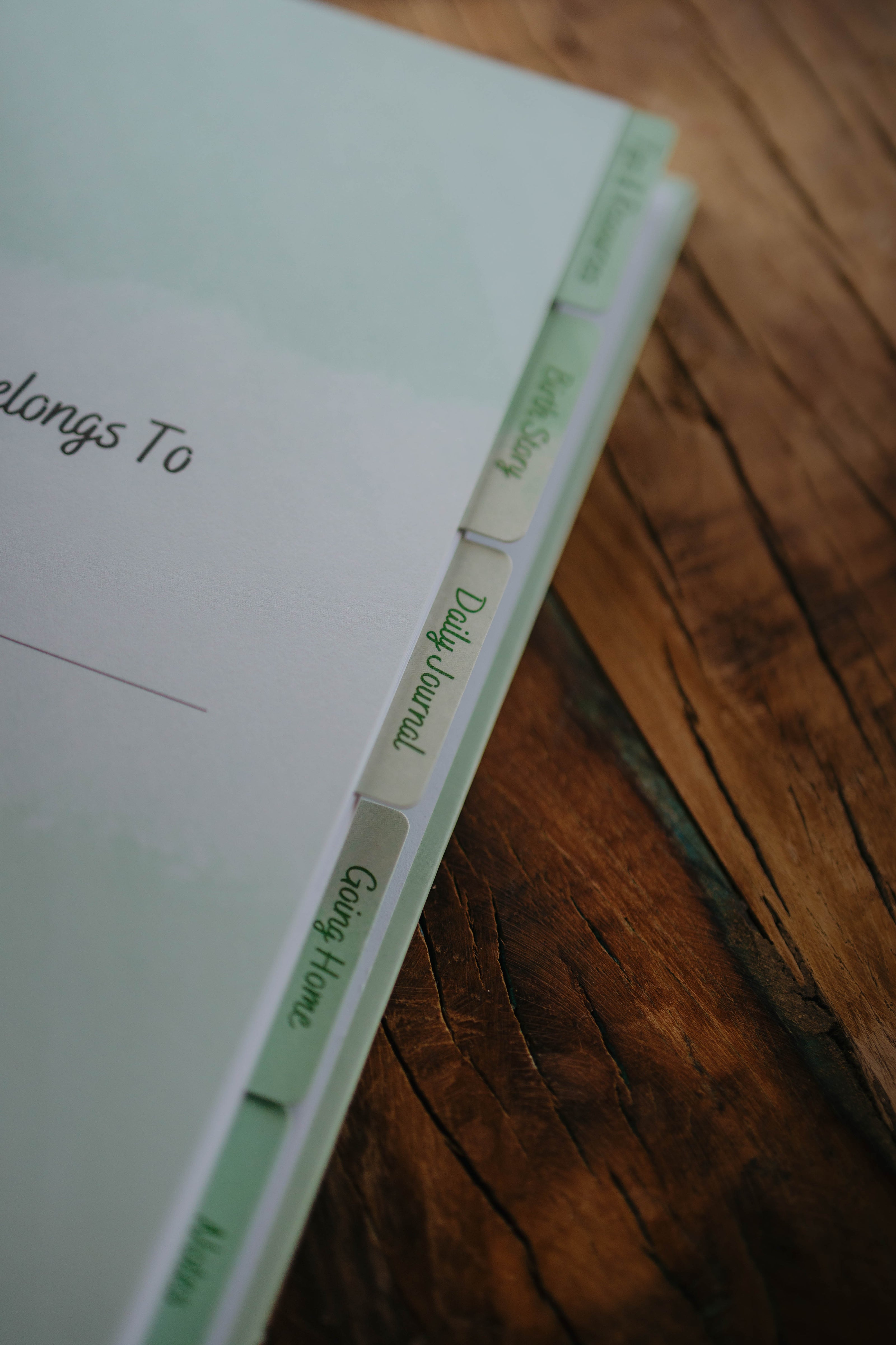 A close up of the section tabs in The NICU Notebook®, a light green, coil bound NICU Journal for families with a baby in the Neonatal Intesive Care Unit, on a wooden table top.